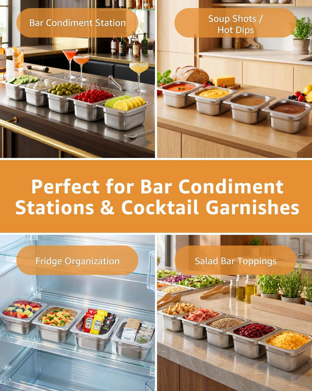 1/6 Size Hotel Pans 4" Deep Stainless Steel Steam Table Pans Set of 6 | Anti-Jam Commercial Food Pans for Buffet Warmer Chafing Dish Bar Condiment Catering Restaurant
