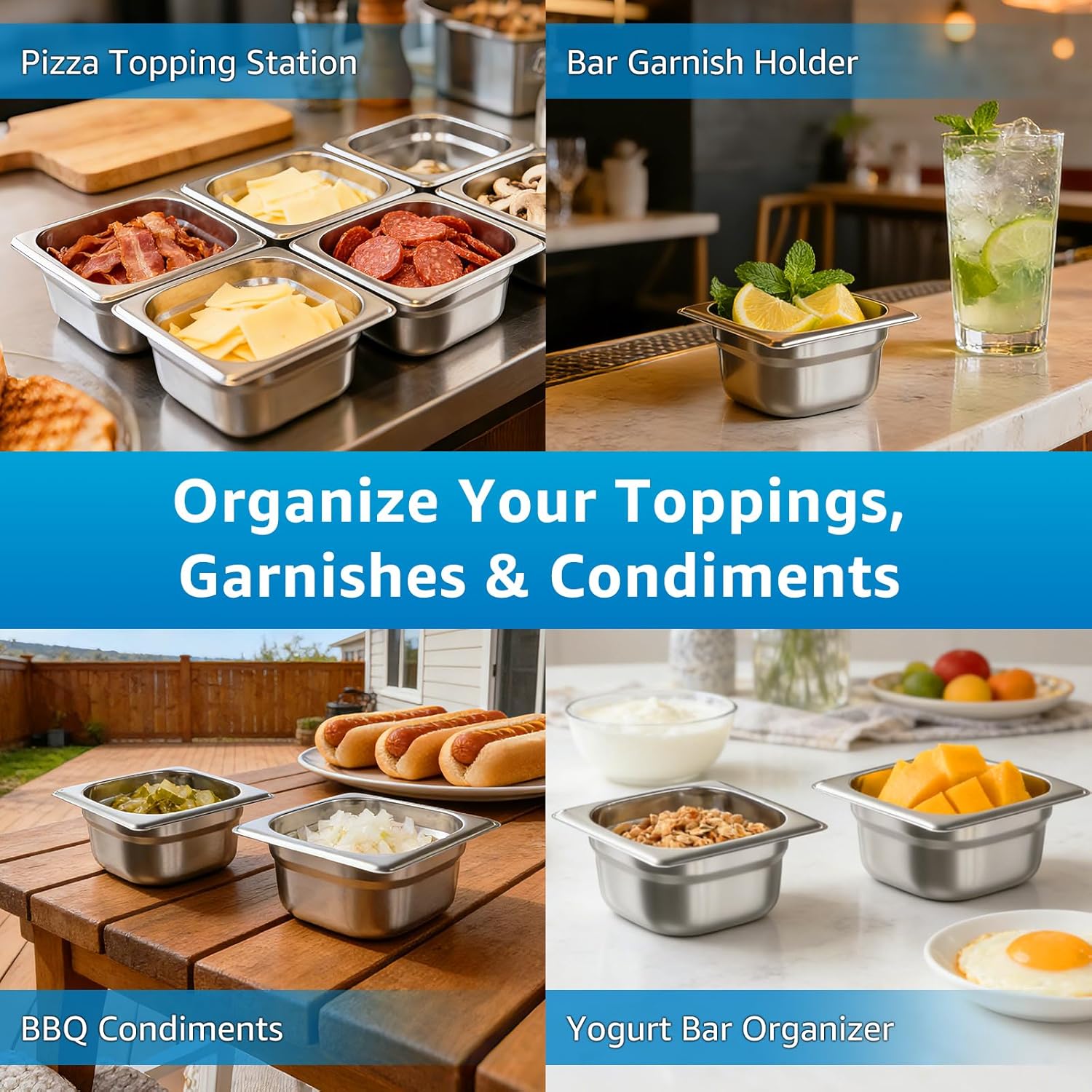 1/6 Size Commercial Hotel Pans, 4" Deep (6 Pack), Stainless Steel Steam Table Pans with Lids, Deep Food Storage Containers for Prep Station, Condiments, Salad Bar Toppings, Anti-Jam Lugs